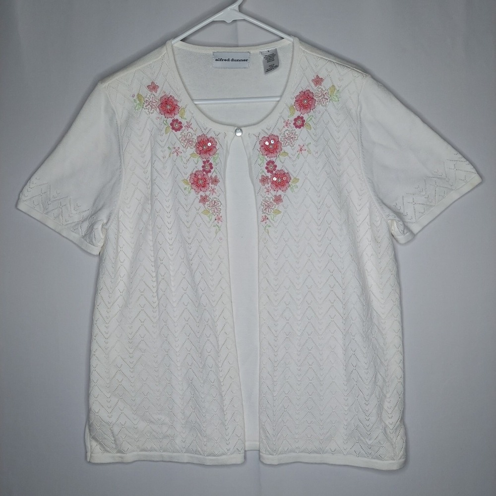 Alfred Dunner Faux Cardigan Top Women Large White Pink Embroidered Grandmacore